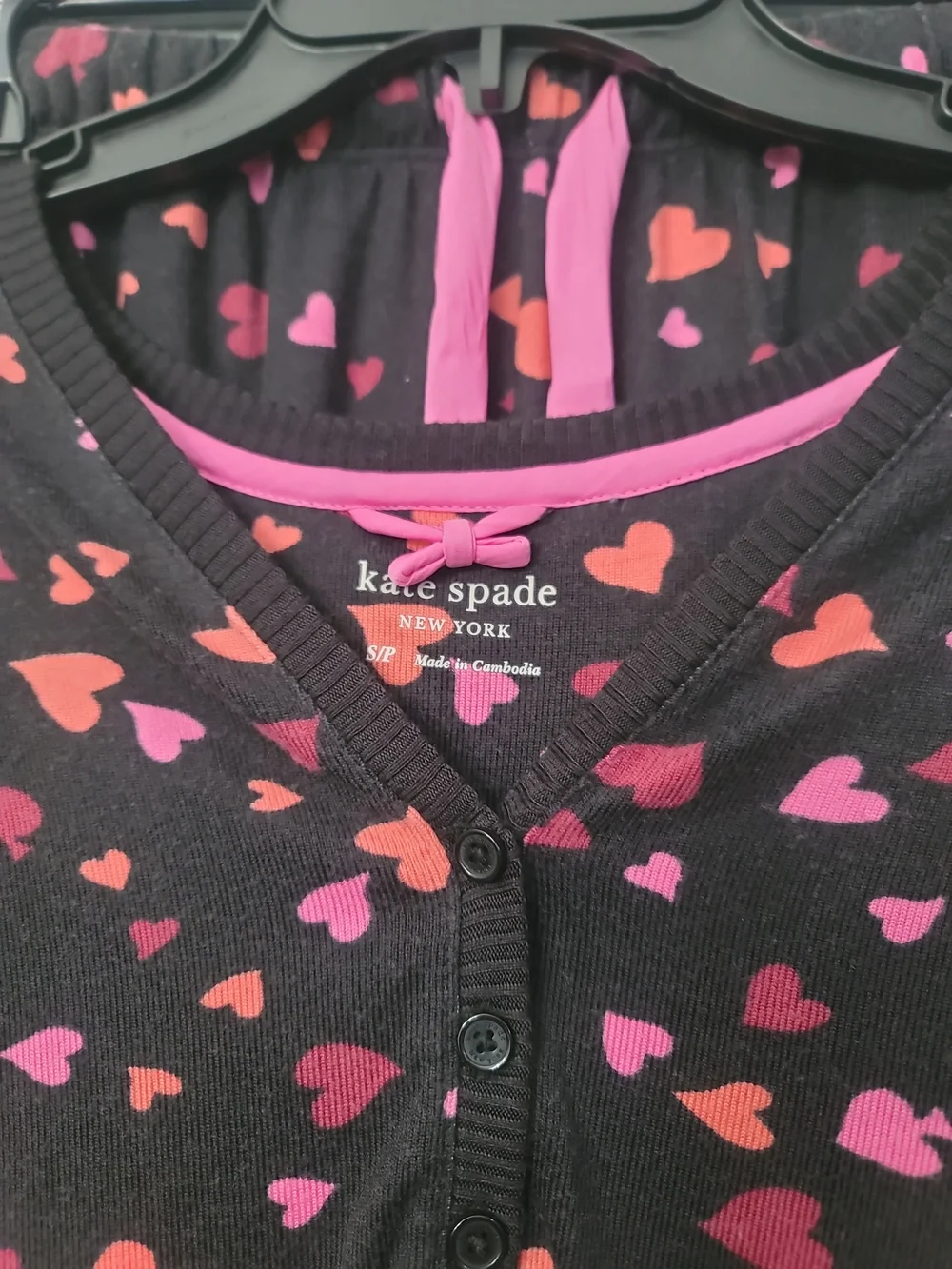 kate spade Black Pajama Set with Pink Heart Print